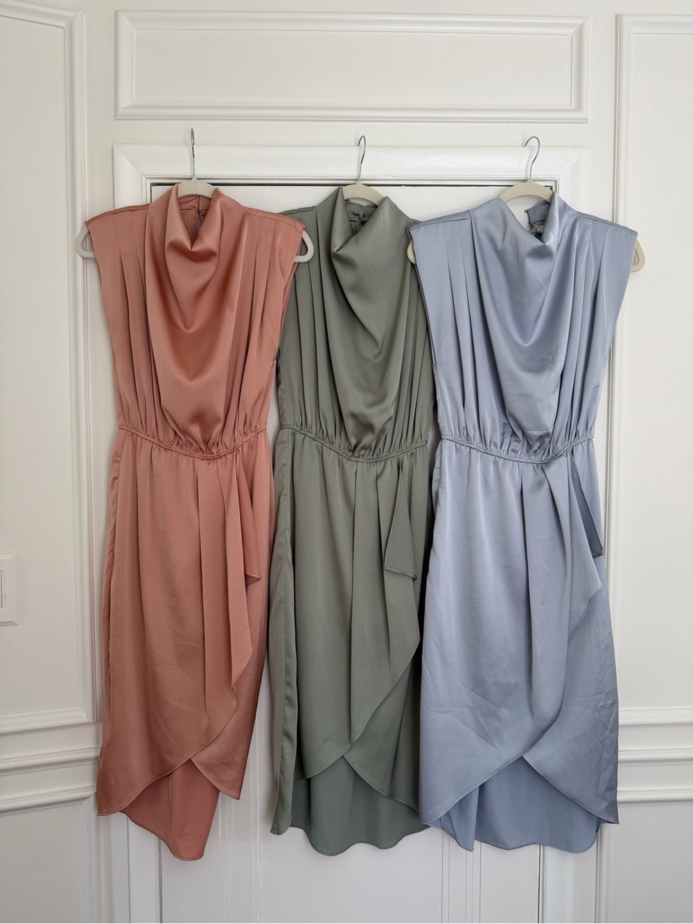 Sleeveless Draped Satin Dress in Rose, Sage, and Dusty Blue